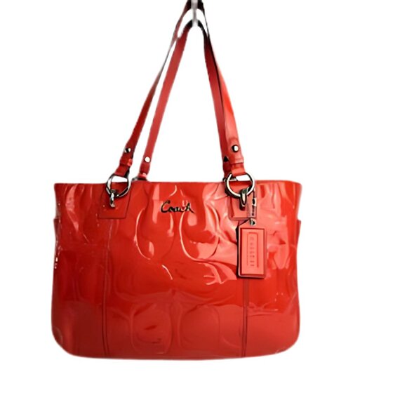 Coach Patent Leather Red Signature Embossed Tote Bag Shoulder Purse - Picture 1 of 11